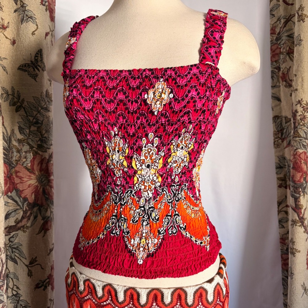 RAYON Vibrant Pink Orange Paisley Smocked tight and stretchy Tank Top Boho Cami